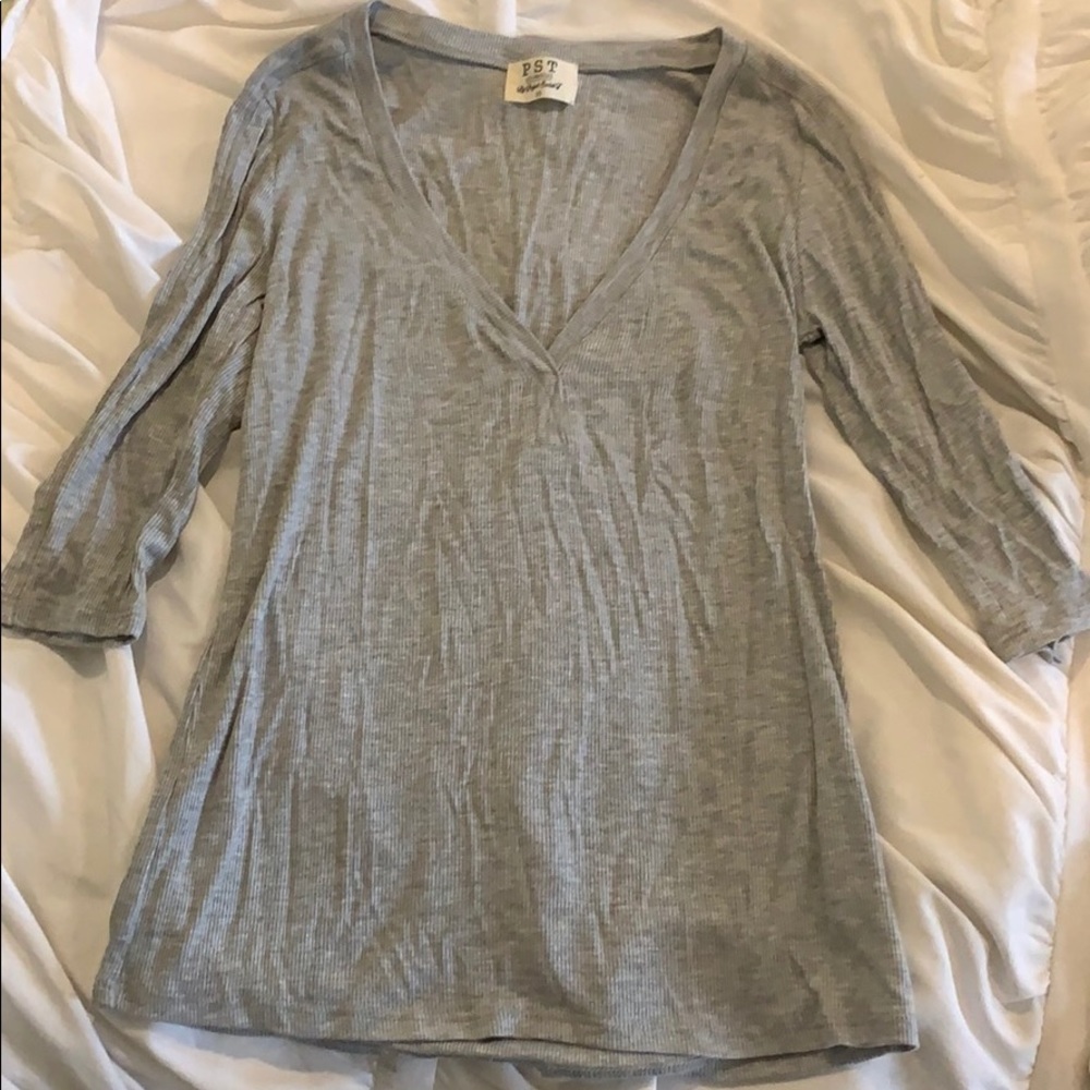 Project Social T Grey Deep V Neck Rib Knit Tee